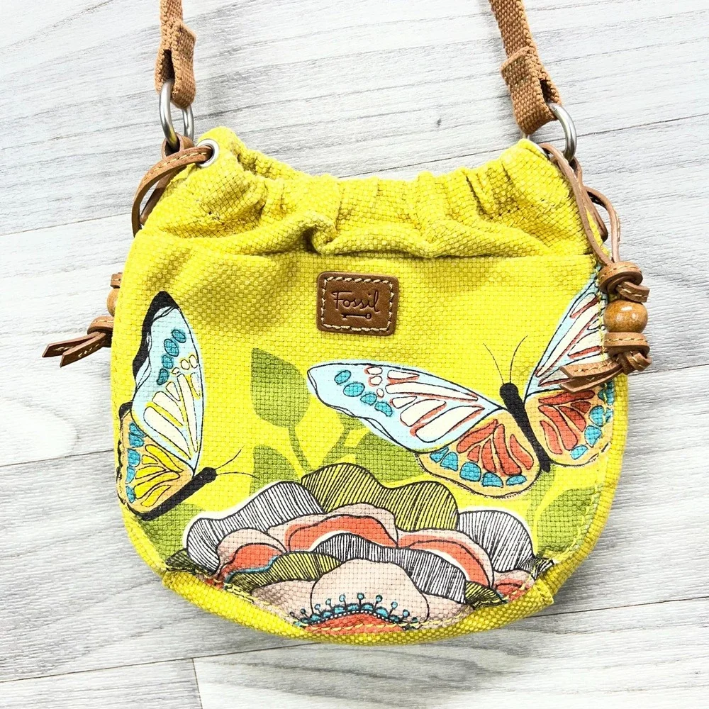 Vintage Fossil Crossbody Bag Purse Yellow Butterfly Motif‎ Mini Graphic Canvas - Picture 5 of 13